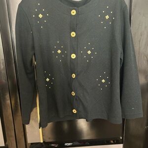 Vintage 80s Black Cardigan with Gold Accents and shoulder pads still in place